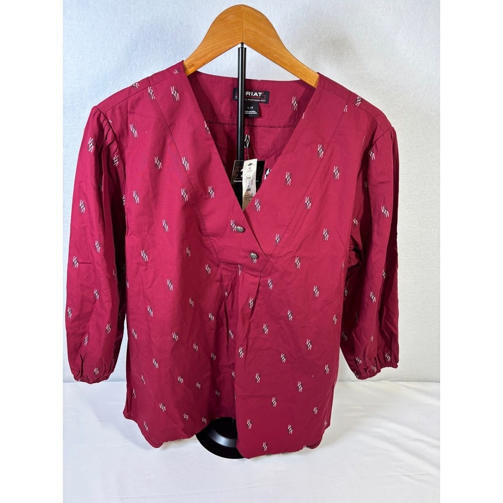 Ariat Chimayo Womens Western Blouse Red Print 3/4 Sleeve Peasant Top L NWT